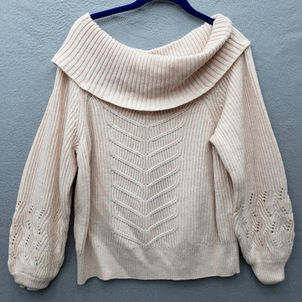 WHBM Off Shoulder Cable Knit Cowl Sweater Blush Pink Pointelle Feminine Romantic